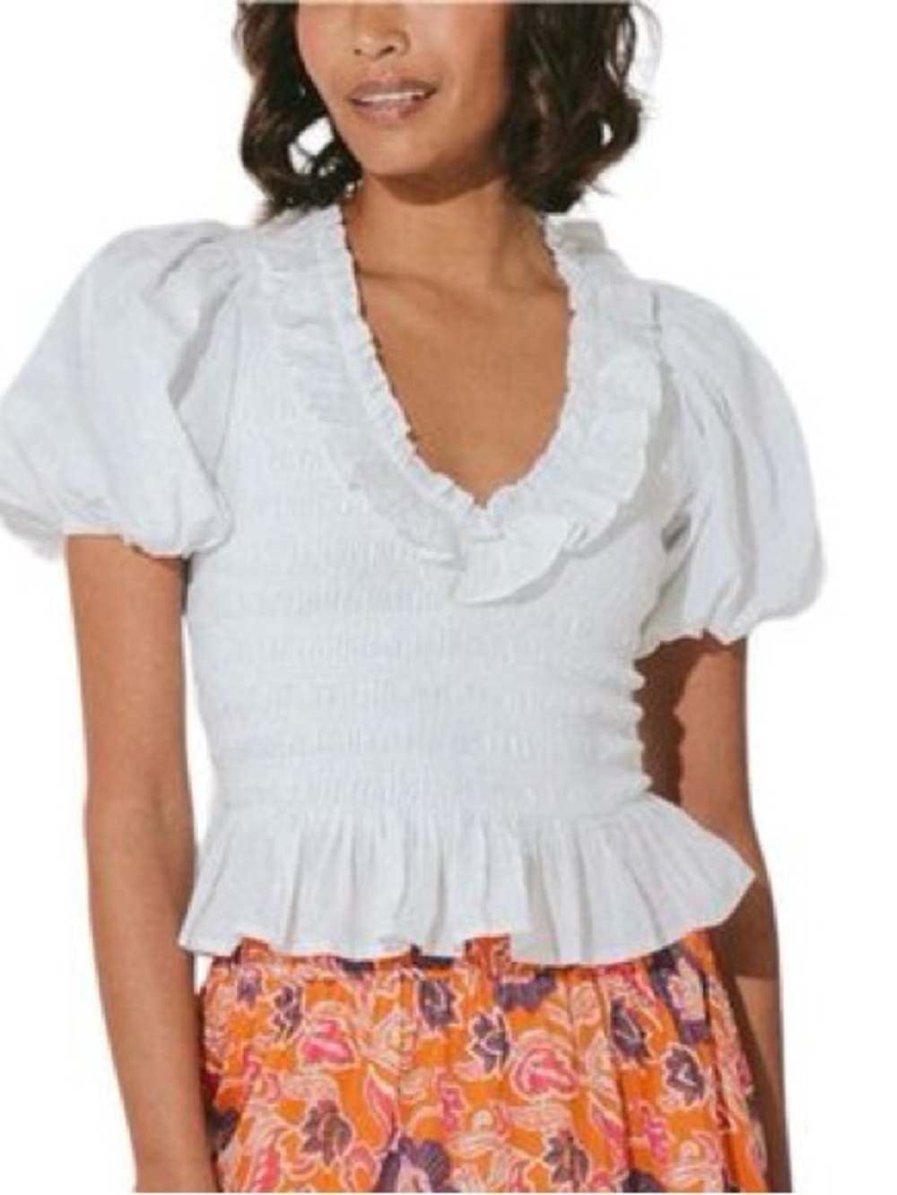 Cleobella White Puff Sleeve Ruffled Blouse NWOT